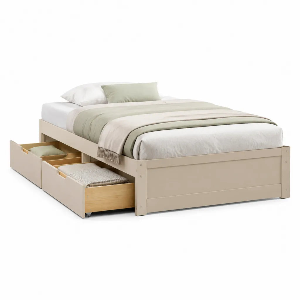 Letto singolo con 2 cassetti 90 x 200 cm in legno massello di pino e MDF beige