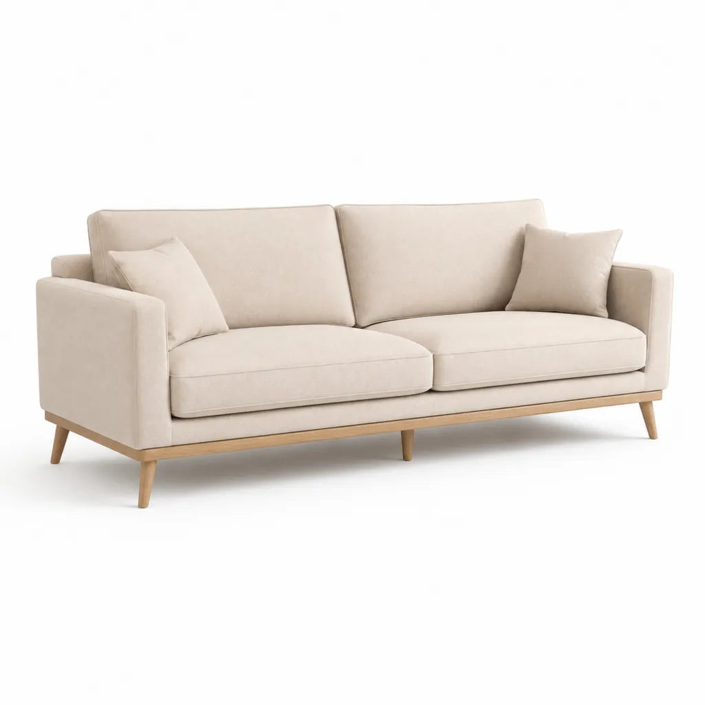 Divano 3 posti in poliestere beige con struttura in legno massello 210 x 90 x 85 cm