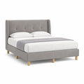 Letto matrimoniale imbottito 160 x 200 cm in poliestere grigio con testiera alta e piedi in legno massello