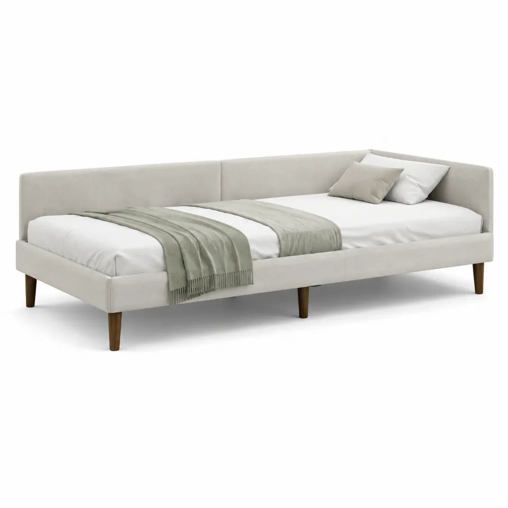 Letto matrimoniale imbottito 160 x 200 cm in velluto di poliestere beige con struttura angolare e gambe in faggio marrone