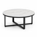 Tavolino da caffe rotondo 80 x 80 x 45 cm con piano in MDF effetto marmo bianco e struttura in acciaio nero