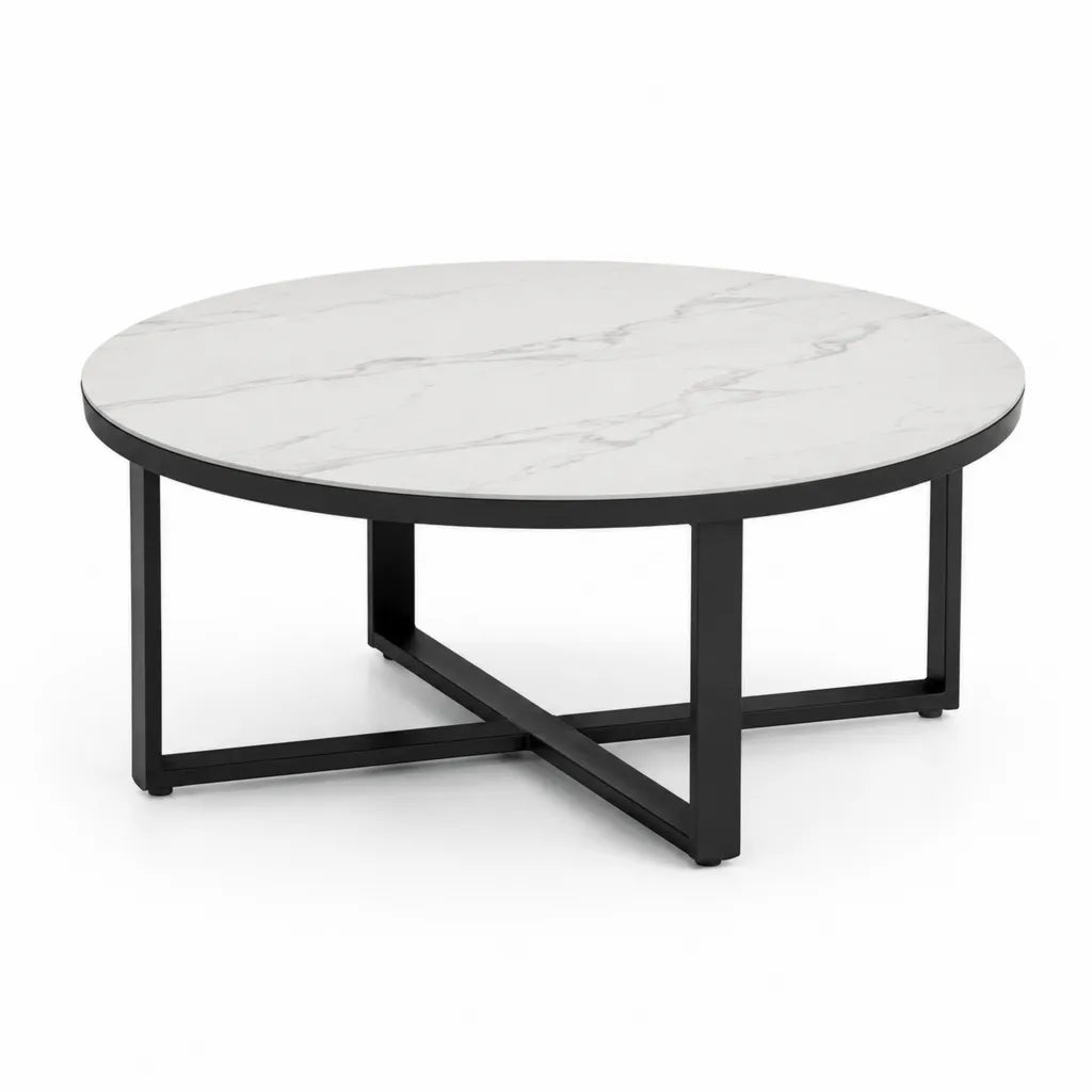 Tavolino da caffe rotondo 80 x 80 x 45 cm con piano in MDF effetto marmo bianco e struttura in acciaio nero