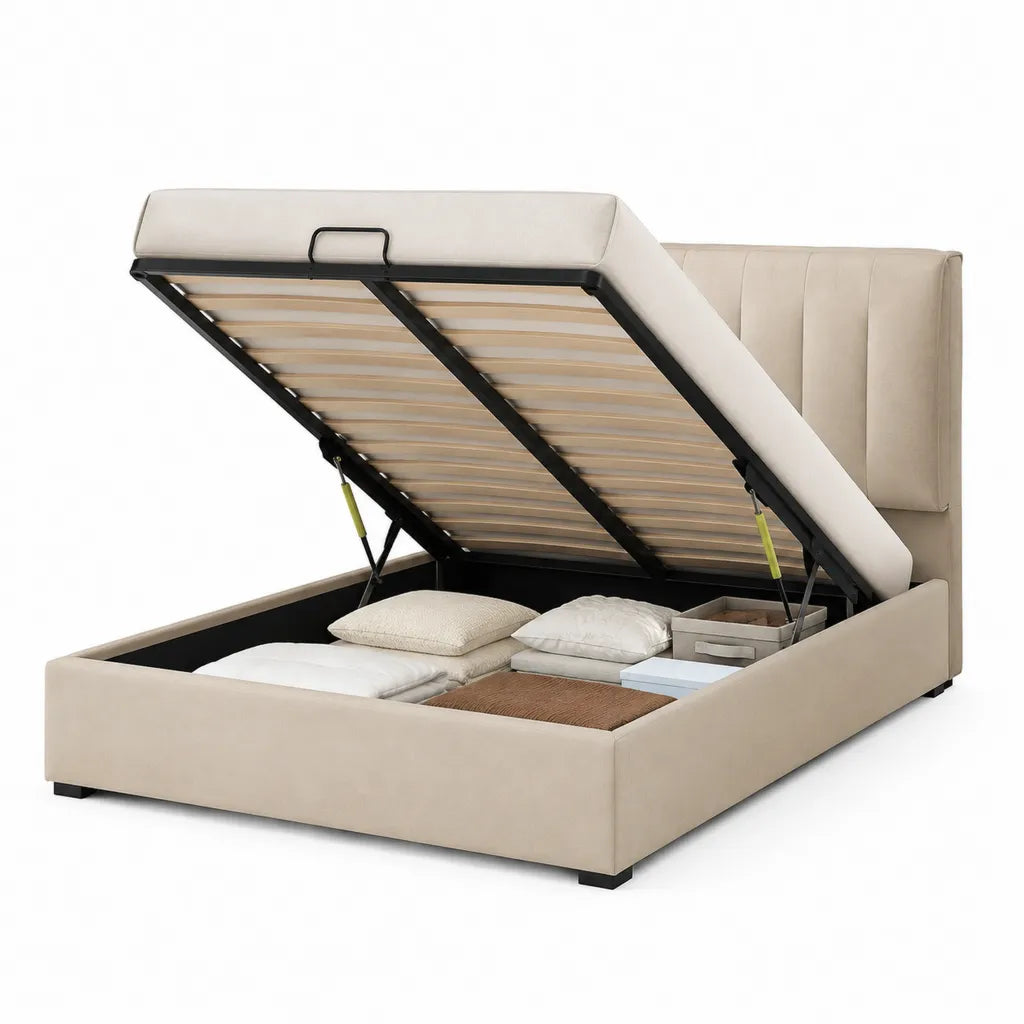 Letto contenitore matrimoniale 160 x 200 cm in similpelle PVC beige rettangolare con rete a doghe e sollevamento a gas
