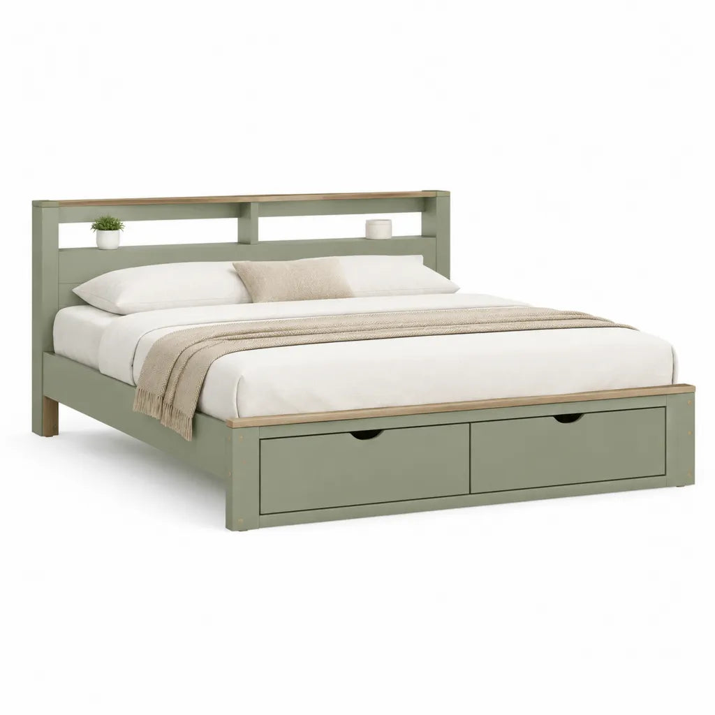 Letto matrimoniale con contenitore 160 x 200 cm in MDF e pino rettangolare verde salvia con 2 cassetti